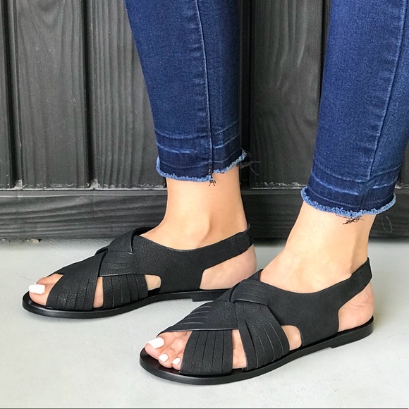 Black Leather Slingback Flat Huarache Sandals - Picture 2 of 8